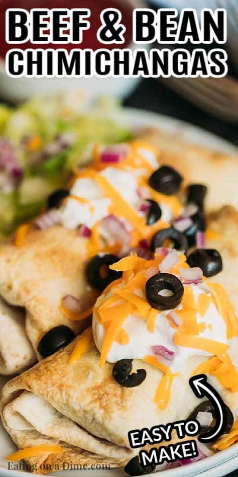 Beef Bean And Cheese Chimichangas, Easy Beef Chimichanga Recipe, Beef And Bean Chimichanga, Baked Beef Chimichangas, Baked Chimichangas Beef, Ground Beef Chimichanga Recipe, Chimichanga Recipe Beef, Mexican Chimichanga, Ground Beef Chimichangas