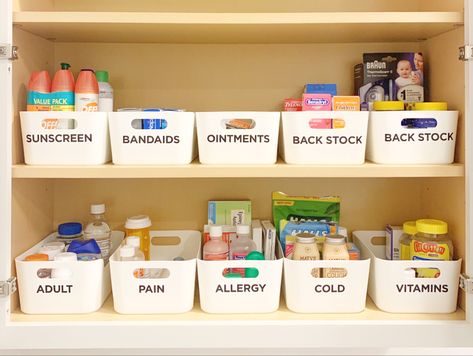 Under Sink Medicine Storage, Storage For Medical Supplies, Organising Medicine Cabinet, Organise Medicine Cupboard, Family Medicine Organization, Medicine And First Aid Organization, Medicines Organisation, Organize Medicine Cabinet Small Spaces, Med Cabinet Organization