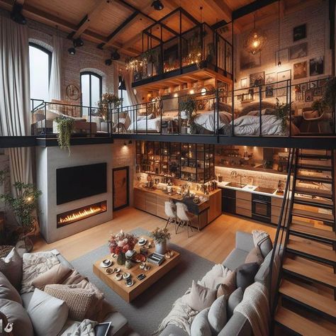 Cozy Penthouse Apartment, Loft Apartment Layout, Loft Homes, Kids Bed Furniture, Loft House Design, Two Story House Design, Aesthetic Architecture, Apartment Loft, House Flippers