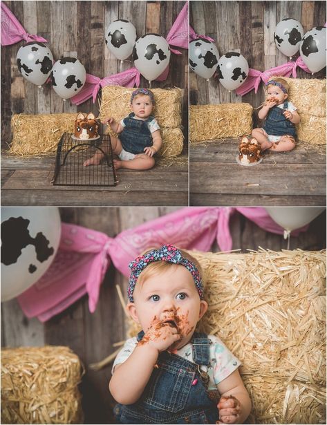 Farm Cake Smash Photography, Cow Theme First Birthday Pictures, Cow Themed First Birthday Photoshoot, Western Cake Smash Photography, Cowgirl Cake Smash Photography, Cow Themed Photo Shoot, Farm Theme Cake Smash, Farm Birthday Smash Cake, Cow Birthday Photoshoot