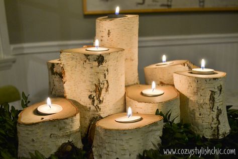 DIY – How to Make a Set of Tree Stump Candle Holders for the Holidays via Cozy•Stylish•Chic Diy Wood Candles, Tree Stump Candle Holder, Tall Candlesticks, Diy Tree, Dollar Store Christmas, Diy Candle Holders, Fall Crafts Diy, Candle Tree, Tree Stump