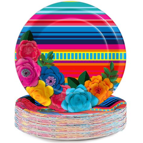 PRICES MAY VARY. Package includes: You'll get 50pcs Mexican serape fiesta paper plates of 7 inches. Brighten up your table setting with our Mexican floral stripes paper plates that exude a playful and celebratory atmosphere, ideal for Cinco de Mayo, Mexican-themed parties, fiesta parties, or any festive occasion. Premium material: All of our stripes Mexico platters are made of quality paper, safe, no smell, heat-resistant, and durable. The stylish pattern and color are well-printed and fade-resi Mexican Party Color Palette, Taco Themed Birthday Party Decorations, Mexican Party Decorations Ideas, Fiesta Retirement Party, Mexican Style Party, Elegant Mexican Theme Party, Mexican Themed Birthday Party, Fiesta Mexicana Ideas, Mexican Birthday Party