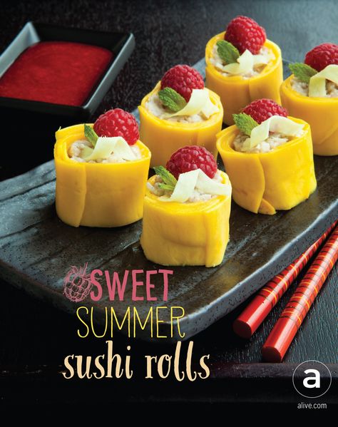 Sweet Mango Coconut Rolls (#vegan and #glutenfree dessert idea!). This is sushi like you've never seen it before. Sure to impress your guests! Sushi Fruit Rolls, Desert Sushi, Mango Sushi, Coconut Rolls, Sushi Dessert, Sweet Sushi, Fruit Sushi, Coconut Roll, Candy Sushi