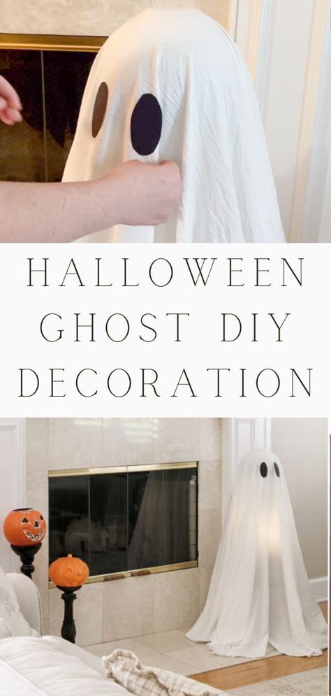 Making a sheet ghost for Halloween. Try this simple and easy DIY sheet ghost decoration. This life-size ghost is made from a sheet and other items around the house. The perfect sheet ghost aesthetic for All hallows eve. Halloween DIY ghost. Halloween ghost decoration. Halloween craft ghost. The cutest Halloween ghost decor that looks like a toddler size. How to make ghost for Halloween decorations. #diyhalloween Ghost Figures Halloween Decorations, Ghost Front Door Decor, Large Cheesecloth Ghost, Sheet Ghost Decor, Diy Ghost Porch Decoration, Diy Lit Ghosts, Easy Diy Halloween Decorations Outdoor Ghost House, Diy Sheet Ghost Decoration, Homemade Ghost Decorations