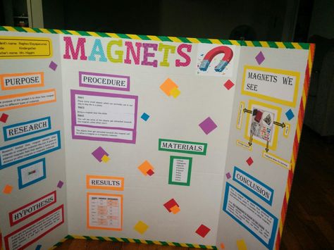 Science fair project on magnets Magnet Science Project, Kindergarten Science Fair Projects, Science Fair Topics, 4th Grade Science Projects, Kindergarten Science Projects, Science Fair Poster, Science Project Board, Science Exhibition Ideas, Kids Science Fair Projects