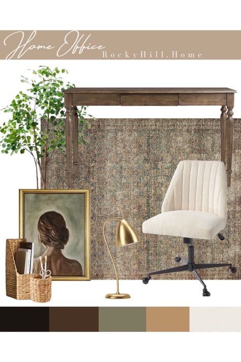 Home Office Moodboard with World Market turned leg desk, office chair, woman’s portrait, hyacinth office accessories, amber Lewis loloi sage rug, gold desk lamp Follow my shop @RockyHill.Home on the @shop.LTK app to shop this post and get my exclusive app-only content! #liketkit #LTKsalealert #LTKhome #LTKstyletip @shop.ltk https://liketk.it/4eaUz Turned Leg Desk, Gold Desk Lamp, Feminine Home Office, Law Office Design, Gold Desk Lamps, Sage Rug, Feminine Home, Feminine Home Offices, Gold Desk