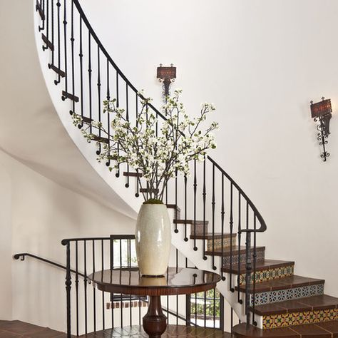 Stylish Stairs, Mediterranean Staircase, Rustic Staircase, Wrought Iron Stair Railing, Hacienda Style Homes, Iron Stair Railing, Iron Staircase, Wrought Iron Stairs, Open Staircase