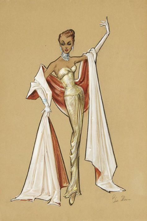 bill thomas Sketches Colored Pencil, 40s Mode, Costume Sketches, Vintage Fashion Sketches, Istoria Modei, Costume Design Sketch, Fashion Illustration Vintage, Fashion Sketches Dresses, Sketches Dresses