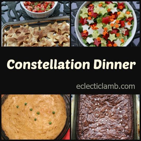 Zodiac Stargazing themed dinner Eclipse Recipes, Bento Cute, Themed Dinners Ideas, Kiwi Salsa, Cinnamon Tortilla Chips, Cinnamon Tortillas, Homemade Cheese Sauce, Space Food, Date Night Dinners