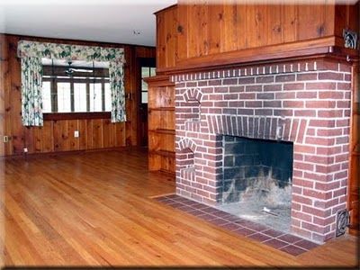 we have this exact paneling and are wanting to paint it - check out what they did!  we've got alot of work to do.... Kitchen Pine Cabinets, Stained Wood Walls, Paneling Remodel, Knotty Pine Cabin, Country Bungalow, Fireplace Painted, Willow Decor, Knotty Pine Paneling, Pine Paneling