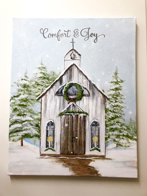 Watercolor Churches, Paintings Of Churches, Chapel Painting, Donkey Pictures, Painted Churches, Wreath Painting, Snow Crafts, Church Door, Door Painting