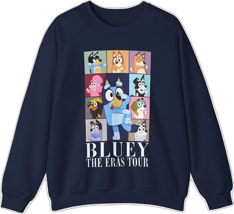 "🌟 Dive into Your Blueay Era with our Adorable Sweatshirt! 🌟 Are you a fan of the lovable Bluey and her hilarious antics? Show off your affection for the cutest pup on the block with our \"In My Bluey Era\" sweatshirt! This cozy piece features a whimsically cute graphic that captures Bluey's humor and is guaranteed to bring a smile to everyone's face. Ideal for any situation, a unisex heavy blend crewneck sweatshirt is pure comfort. These garments are made from polyester and cotton. This combination helps designs come out looking fresh and beautiful. The collar is ribbed knit, so it retains its shape even after washing. There are no itchy side seams on these sweaters.  .: Made with a medium-heavy fabric blend of 50% cotton and 50% polyester (8.0 oz/yd² (271.25 g/m this sweatshirt feels c Bluey Sweatshirts, Bluey Outfits, Bluey Merch, Bluey Unicorse, Bluey Stuff, Mom Clothes, Blue Crocs, Estilo Taylor Swift, Small Kids