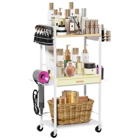 Floor Makeup Organizer Storage,Makeup Organizer Cart with Wood Drawer/Hair Dryer Storage Organizer,Rolling Makeup Cart for Skin Care Nail Polish Perfume Makeup Brush Makeup Cart, Perfume Holder, Hair Dryer Storage, Bathroom Makeup, Organization Cart, Hair Tool Organizer, Rolling Storage Cart, Care Organization, Wood Drawer