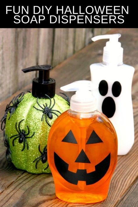 DIY Halloween Soap Dispensers - Happy-Go-Lucky Halloween Soap Dispenser, Diy Soap Dispenser, Soap Dispenser Diy, Dispenser Diy, Halloween Soap, Pumpkin Soap, Halloween Bathroom, Casa Halloween, Fun Halloween Crafts