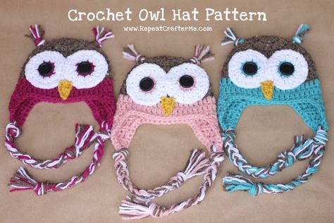 Crochet Owl Hat Pattern - Repeat Crafter Me Crocheted Owls, Owls Crochet, Crochet Owl Hat, Crochet Owls, Owl Crochet Patterns, Repeat Crafter Me, Hat Patterns Free, Confection Au Crochet, Crocheted Hats