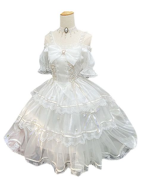 Sweet Lolita JSK Dress Polyester Sleeveless Lace Bow White Lolita Jumper Skirt - Lolitashow.com Woman Wedding Dress, Wedding Dress French, Princess Tea Party, Dresses Princess, Wedding Dresses With Flowers, Womens Wedding Dresses, Necklace Dress, Princess Ball Gowns, Maid Dress