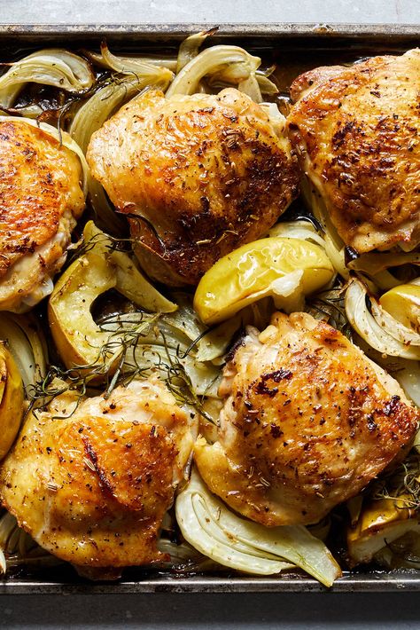 NYT Cooking: Chicken thighs are roasted with classic fall ingredients for a quick, flavorful sheet-pan supper. The toasted fennel seeds subtly amplify the anise flavor of the roasted fennel and play nicely with the apples and onions. Look for an apple on the tart side as it will naturally sweeten as it cooks in the oven. If you want to use bone-in chicken breasts you can, just make sure to cut the cooking t... Roasted Chicken With Fennel, Chicken And Fennel Recipes, Pan Chicken Thigh Recipes, Sheetpan Dinner Chicken, Nytimes Cooking, Caramelized Fennel, Fall Ingredients, Blackened Redfish, Fennel Recipe