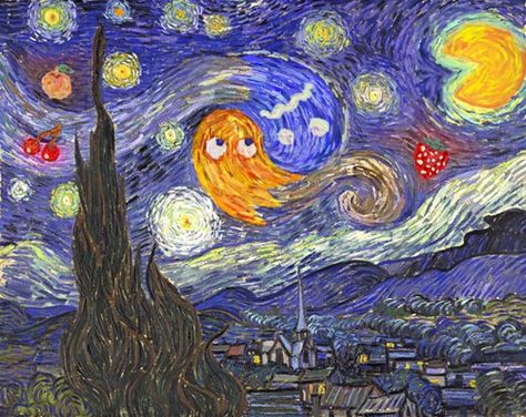 Starry Night at the Arcade Deco Gamer, Sapo Meme, Human Faces, Starry Night Painting, Arte Van Gogh, Starry Nights, The Starry Night, Art Parody, Starry Night Van Gogh