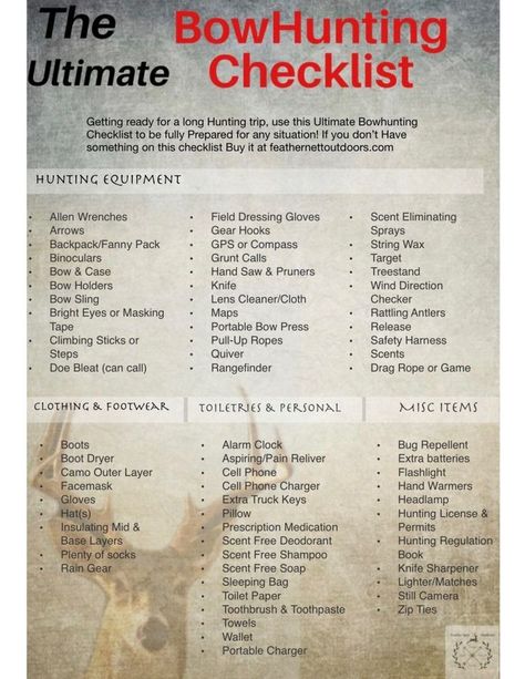 The Ultimate BowHunting Checklist-Prepare for Anything - FeatherNett Outdoors Hunting Hacks, Hunting Checklist, Bow Hunting Tips, Archery Tips, Whitetail Hunting, Whitetail Deer Hunting, Deer Hunting Tips, Quail Hunting, Hunting Life