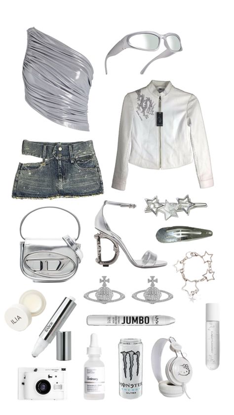 #silver #white #beauty #fashion #outfit #outfitinspo White And Silver Outfits For Women, White And Silver Concert Outfit, Chrome Silver Outfit, Silver Theme Outfit, Silver Hair Outfit Ideas, Y2k Silver Outfits, Silver White Outfit, Silver Rave Outfit, Silver And White Outfit