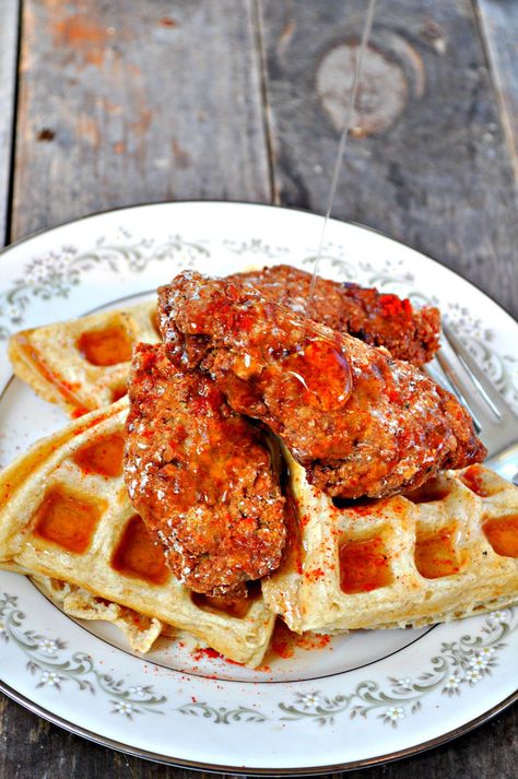 Vegan Chicken and Waffles with Spicy Maple Syrup - Rabbit and Wolves Waffle Recipe Without Milk, Spicy Maple Syrup, Spicy Syrup, Recipe With Coconut Flour, Vegan Waffle Recipe, Chicken And Waffles Recipe, Rabbit And Wolves, Vegan Fried Chicken, Vegan Soul Food