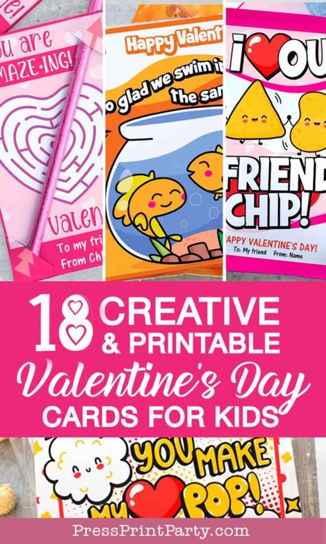 18 Creative Kids Valentines Day Cards Ideas for school with Printables Instant downloads. Great valentine's day ideas for kids, tweens, and teens to give to their friends at school. Classmate valentines for box. Free printables available. Children will love these homemade custom valentine's cards with little gifts. Toys, like pullback cars, rubber ducts, candy like lollipops and conversation hearts. Chips, rice krispies, goldfish, lip balm and pencils with toppers. Personalize with Editable text Printable Valentines For Kids, Chip Valentines, Food Valentines Day Cards, I Love Our Friend Chip Valentines, Chips Valentines Free Printable, Chip Valentine Printable Free, Dum Dum Valentines Printable, Gummy Valentines Ideas Free Printable, Airhead Valentine Printable Free