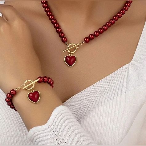 Red Jewelry Set, Toggle Necklace, Pearl Jewelry Sets, Color Beads, Beaded Collar, Red Jewelry, Elegant Pendant, Necklace And Bracelet, Faux Pearl Necklace