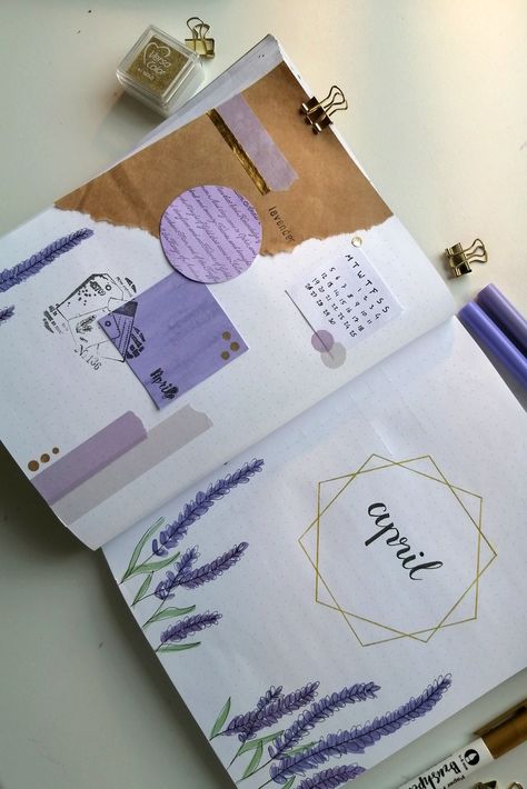 Teachers Day Scrapbook Ideas, Purple Theme Journal Ideas, Lavender Journal Ideas, Aesthetic Purple Journal Ideas, April Scrapbook Ideas, Lavender Bullet Journal Theme, Bujo March Cover, Purple Journal Aesthetic, Lavender Bujo