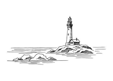 Seascape. Lighthouse. Hand drawn illustration converted to vector. Sea coast graphic landscape sketch illustration vector. Lighthouse Sketch, Graphic Landscape, Ship Sketch, Lighthouse Drawing, Fineliner Art, Lighthouse Tattoo, Pen Art Drawings, Outline Illustration, Landscape Sketch