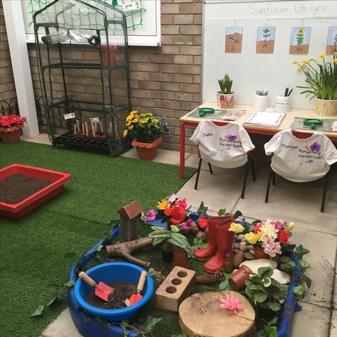 EYFS outside role-play (garden centre) Garden Eyfs, Garden Ideas Eyfs, Role Play Areas Eyfs, Early Years Outdoor Area, Play Area Garden, Eyfs Outdoor Area, Preschool Garden, Role Play Areas, Outdoor Nursery