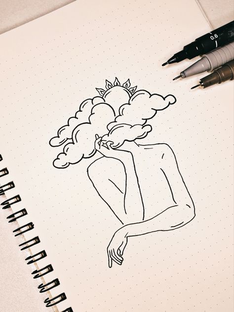 One line drawing for women with clouds ☁️ Draw with Stencil Journal 🔥 Daydreaming Drawing Reference, Simple Asethic Drawings, Clouded Head Tattoo, Head In The Clouds Painting, Clouded Mind Drawing, Brain Cloud Tattoo, Cloud Woman Tattoo, Cloudy Head Tattoo, Asethic Doodles