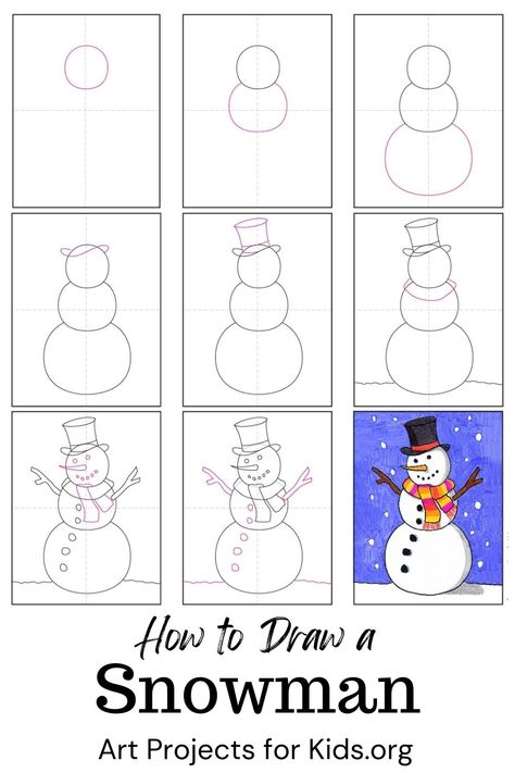 Learn how to draw a Snowman with an easy step-by-step PDF tutorial. #howtodraw #tutorial #drawing #drawingtutorial #arttutorial #artprojectsforkids #howtodrawforkids #snowman #snowmandrawing Snowman Step By Step Drawing, How To Draw Winter Things, Christmas Drawing Ideas Step By Step, Step By Step Christmas Drawings For Kids, Christmas How To Draw, Christmas Guided Drawing For Kids, Step By Step Drawing Christmas, Snowman Drawing For Kids, How To Draw Winter