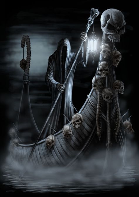 Charon- Greek myth: the ferryman of the river Styx that separates the world of the living and the world of the dead. He gives a ride to the deceased for one coin, which is given to the dead in burial. He is often described as a hooded, skinny figure with a ferryman pole to guide his boat. The Ferryman, Skeleton, Water