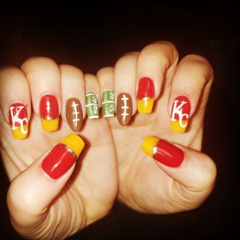 Kansas City Chiefs Nails Designs, Chief Nails, Kansas City Chiefs Nails, Kc Chiefs Nails, Superbowl Nails, Kc Nails, Chiefs Nails, Super Bowl Nails, Football Nail Designs