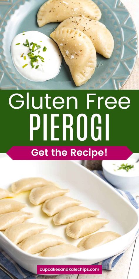 Cheesy and tender Gluten Free Pierogi make a wonderful side dish or meatless main meal! Choose from a savory potato and cheese filling or try a smooth and creamy pot cheese (aka farmers cheese) filling - both traditional options for this classic Polish dish based on an old family recipe. Gluten Free Pierogi Dough Recipe, Gf Perogies Gluten Free, Gluten Free Perogy Dough, Gluten Free Polish Recipes, Gluten Free Pierogi Dough, Pierogi Filling Ideas, Pierogi Filling Recipes, Gluten Free Dumplings Recipe, Gf Perogies