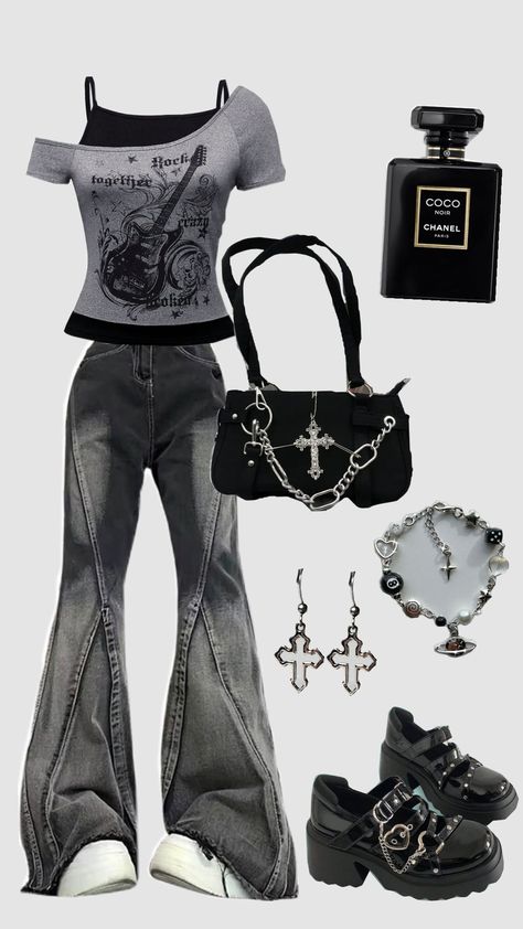 #ootd #outfit #aesthetic #rock #punk #grunge #goth #emo #black #metal #metallica #chanel Outfit Ideas Goth Aesthetic, Goth Fitness Outfit, Metal Rock Aesthetic Outfit, Evanescence Inspired Outfits, Emo Grunge Outfits Punk Rock, Moshpit Outfit, Metal Rock Outfit, Punk Outfits Casual, Shuffles Outfits Y2k