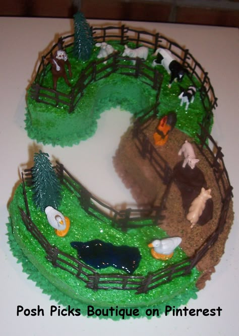 Farm Yard Farm Animal Number 3 Birthday Cake                                                                                                                                                      More 30th Birthday Cakes For Men, Farm Birthday Cakes, Tractor Cake, Animal Birthday Cakes, Farm Animal Party, Farm Day, Farm Animals Birthday Party, Farm Themed Birthday Party, Farm Cake