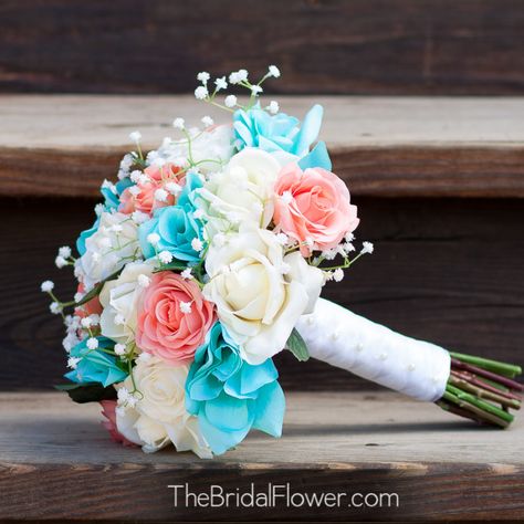 Coral and Blue Wedding Flowers Tiffany Blue Wedding, Red Bouquet Wedding, Blue Wedding Bouquet, Silk Wedding Bouquets, Tiffany Wedding, Diy Budget, Flowers Orange, Rustic Bouquet, Blue Wedding Flowers