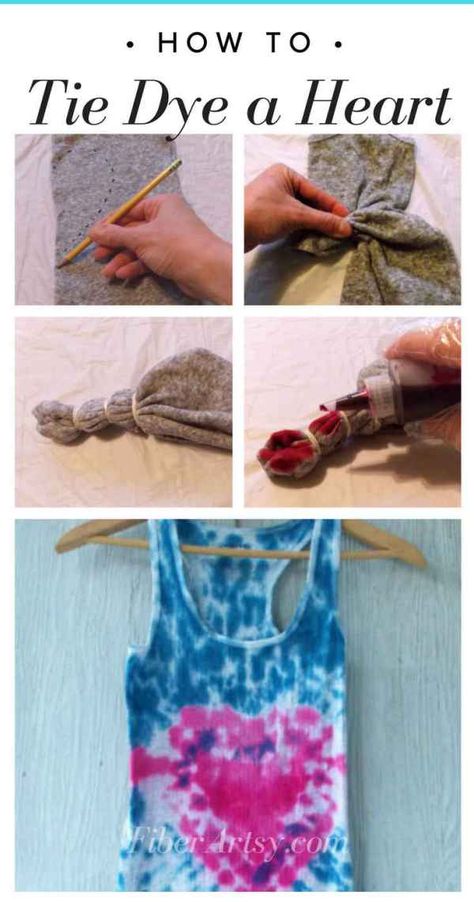 Learn how to Tie Dye a Heart shape. This is a fun and easy tie dye shibori dyeing technique that also works with other shapes. A fun craft project for teens. Makes a great home gift for Valentine's gift! A FiberArtsy.com craft tutorial Tie Dye Heart Patterns Diy, How To Tie Dye A Heart Shape, How To Make A Heart Tie Dye Shirt, Tie Dye Patterns Techniques Heart, Heart Shaped Tie Dye Shirt, Tie Dye Tutorial, Dyeing Tutorials, Diy Fabric Crafts, Diy Blanket Ladder