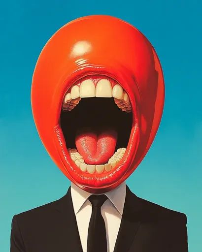 ↑↑↑ Larger size on website 🔸 The image depicts a surreal portrait of a man with a giant, open mouth for a head. The head is brigh 🔸 From Midjourney AI Image Absurdism Art, Aya Art, Black Suit And Tie, Tech 9, Funny Face Photo, Pink Tongue, Surreal Portrait, Collage Images, Photography Creative