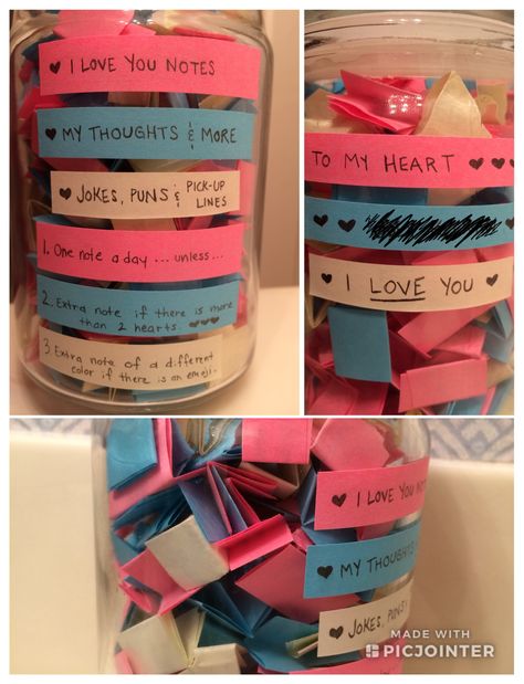 I made this for my boyfriend as a new year’s gift. I made the notes over a period of a couple months and filled them with messages from love notes to inside jokes. Very easy and creative gift. I even put it in a jar that once held a candle cause he’s the light of my life <3 Notes In A Jar, Birthday Surprise For Girlfriend, Permainan Kerjasama Tim, Hadiah Valentine, Valentines Bricolage, Handmade Gifts For Boyfriend, Anniversaire Diy, Parents Christmas