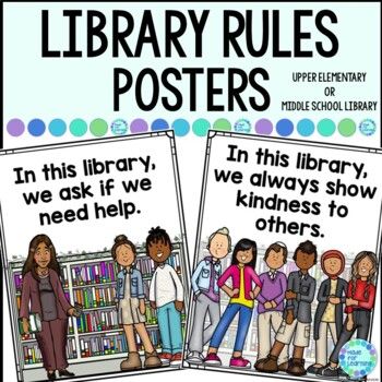 Would you like to see older upper elementary and middle school students on your library rules posters during your back-to-school lessons? These 9 colorful and engaging signs and posters stating library rules and expectations for upper elementary and middle school (4th - 8th) are just what you need for a library bulletin board. Easily convert to Google Slides.Included in this resource:9 full-page size printable posters or signs which can be printed larger as per printer settingsALL EDITABLE TEXT Library Orientation Middle School, School Library Rules Poster, Library Games For Middle School, Library Expectations Elementary, School Library Rules, Library Rules Poster, School Library Lessons, Library Rules, Library Orientation