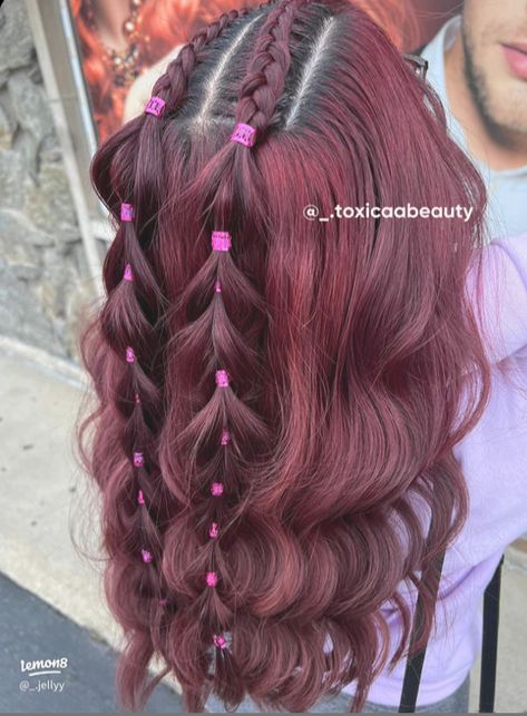 Half Up Half Down With Beads, Two Half Ponytail Hairstyles, Cute Hair For Homecoming, Half Braided Half Down Hairstyles, Half Up Half Down Rave Hair, Braids Hairstyles Half Up Half Down, Edgy Half Up Half Down Hair, Party Hairstyles For Medium Hair Night, Braid Hairstyles Half Up Half Down