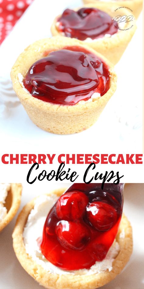 Cherry Pie Cookie Cups, Semi Homemade Desserts, Cherry Cheesecake Cups, Semi Homemade Recipes, Cheesecake Cookie Cups, Sugar Cookie Desserts, Cheesecake Cups Recipe, Cheesecake Cookie, Sugar Cookie Cups