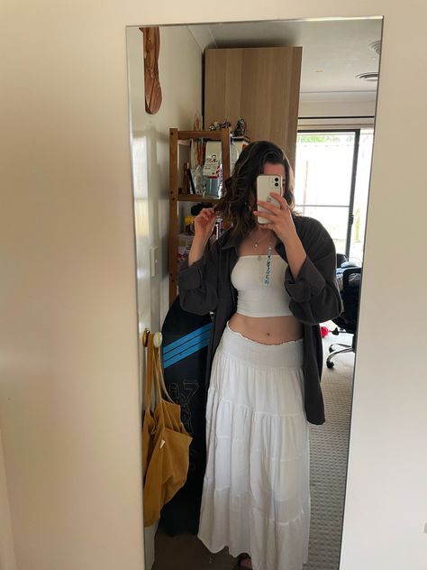 Thrifted white maxi skirt, oversize cord shirt, white tube top paired with my favourite birkenstocks. Tube Top With Maxi Skirt, Outfits With White Tube Top, Maxi Skirt Oversized Shirt, Flowy Skirt Outfit, White Maxi Skirt Outfit, Outfit Aesthetics, Cord Shirt, White Tube Top, White Maxi Skirt