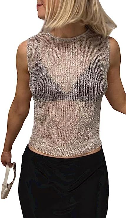 Shiny Top Outfit, Glitter Tops Outfit, Crochet Knit Vest, November Vibes, Sheer Crop Top, Vintage Tank Top, Womens Summer Shorts, Sheer Tank Top, Mesh Tank Top