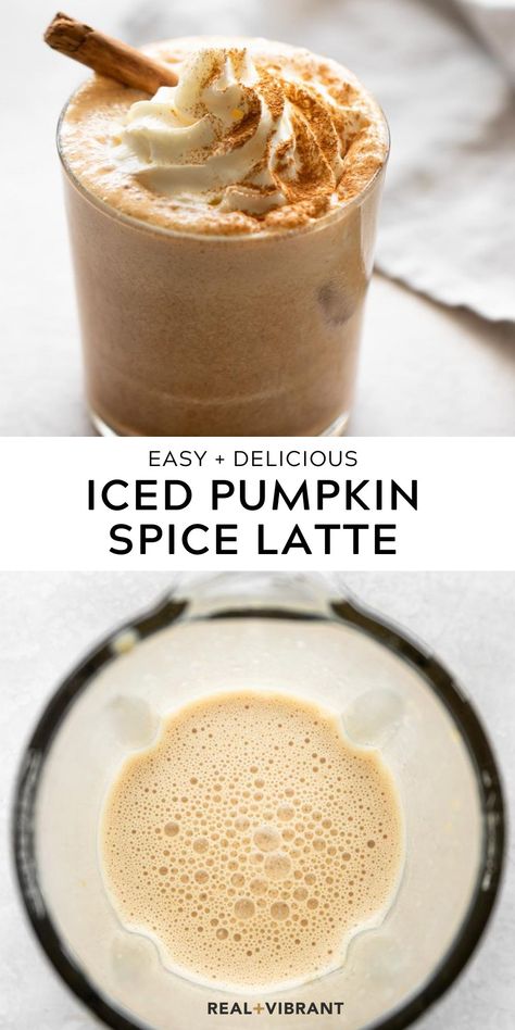 Make the ultimate Fall beverage at home in minutes! If you’re craving a taste of Fall but don’t care for a warm beverage, you’ll love this iced pumpkin spice latte. Made with a few ingredients, this delicious beverage can be whipped up at home in 5 minutes. | realandvibrant.com #realandvibrant #psl #pumpkinspice #latte #falldrinks Fall Drinks And Snacks, Summerween Party, Iced Pumpkin Spice Latte, September Quotes, Coffee Beverages, Pumpkin Spiced Latte Recipe, Fall Drink, Pumpkin Desserts, Homemade Coffee