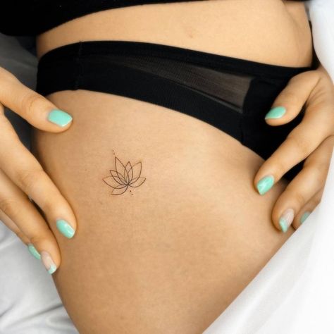 Fine line lotus flower tattoo on the hip. Abstract Lotus Tattoo, Aggrogoth Tattoo, Herz Tattoo Klein, Flower Hip Tattoos, Lotusblume Tattoo, Small Lotus Tattoo, A Small Tattoo, Petite Tattoos, Small Hand Tattoos