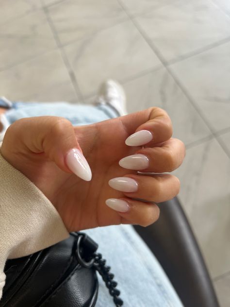 Opaque White Almond Nails, Cloudy White Acrylic Nails Almond, Creamy White Almond Nails, Almond Milk White Nails, Milky White Powder Nails, White Foggy Nails, Almond Shape Beach Nails, Milk Almond Nails, Marshmallow White Nails