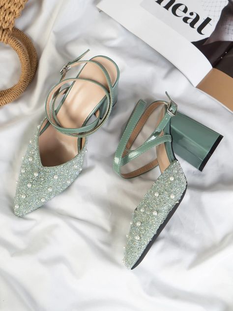 Rhinestone Decor Chunky Heeled Ankle Strap Pumps | SHEIN USA Green Heels Outfit, Mint Green Heels, Kids Heels, Mint Green Dress, Heels Outfits, Green Heels, Girly Shoes, Pointed Heels, Rhinestone Decor